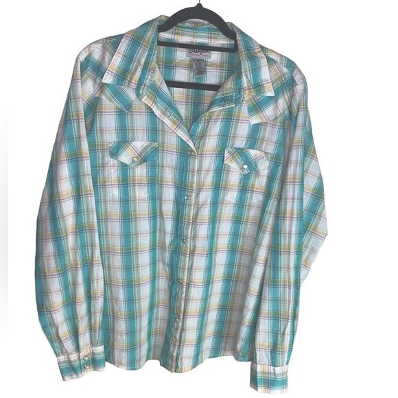Wrangler Wrancher Wm’s Sz 3XL Green Yellow Checkered Pearl Snap Western Shirt - Picture 1 of 4